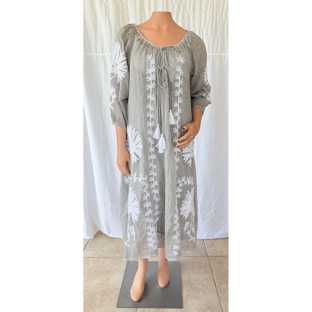 Dolma One Size Elana Midi dress Cover up Embroidered Lightweight Cotton Boho